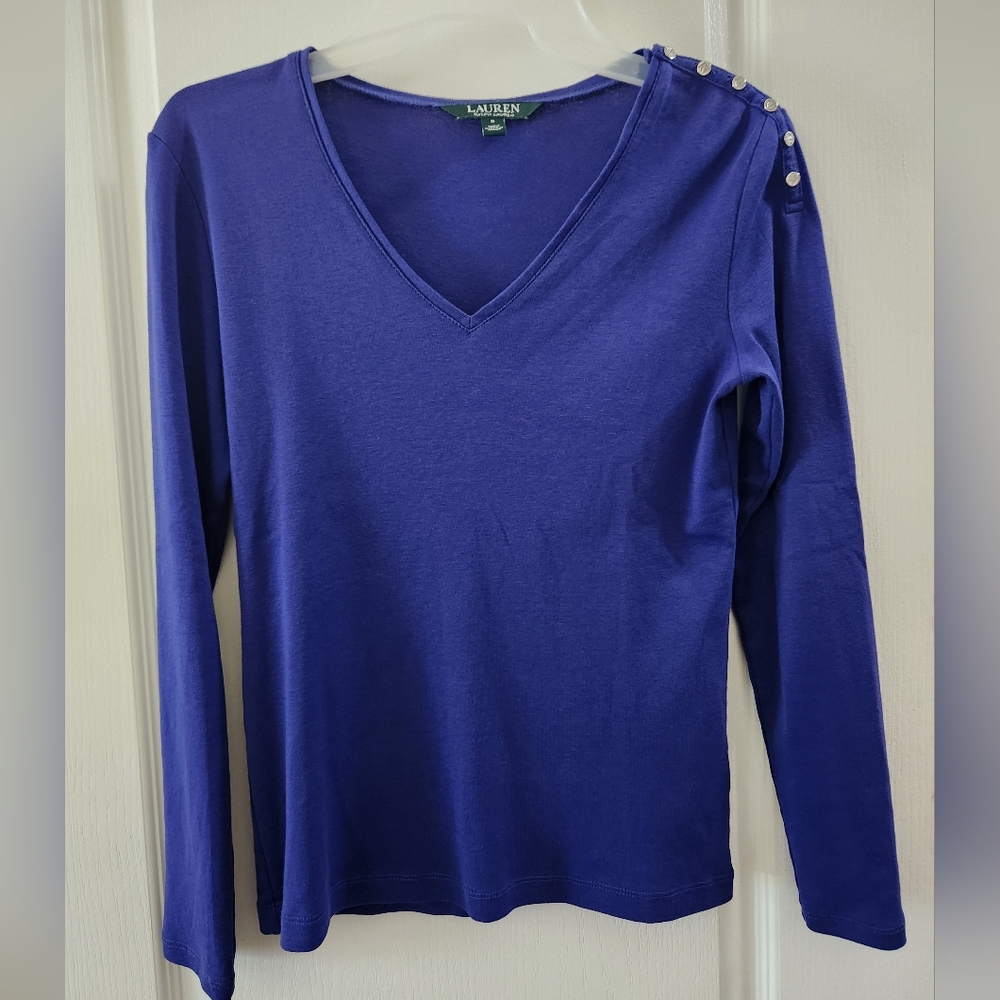 LAUREN RALPH LAUREN Womens V-Neck Long Sleeve BLUE TOP 100% Cotton Size S